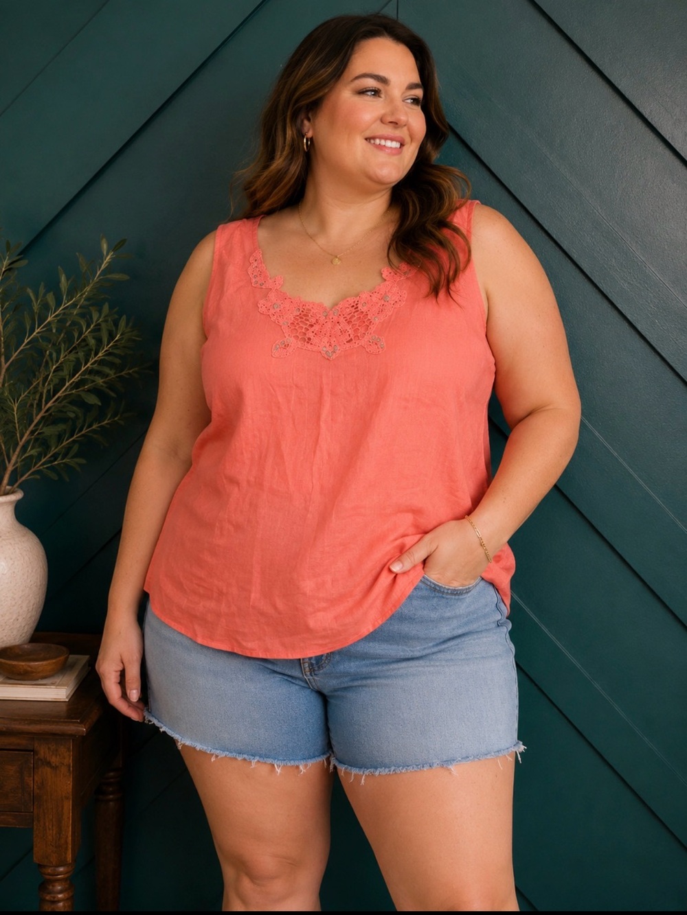 Rafaella Coral Linen Blend Tank Top Embroidered Lace Sleeveless Plus Size 16W